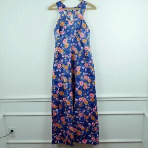 Vintage XS Maxi Dress 70s Blue Floral Hippy Hostess Handmade Retro Maximalist